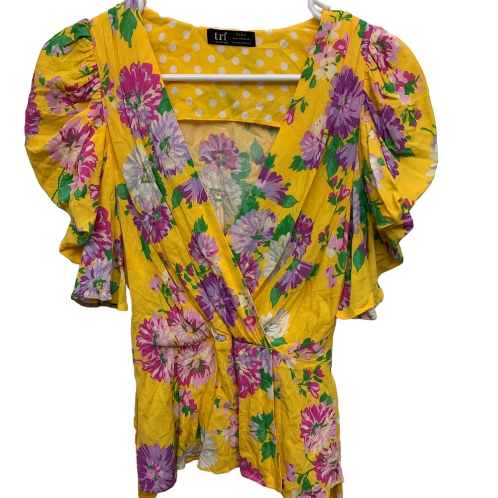 Zara TRF Yellow Floral Puff Sleeve Tie Top